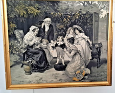 ANCIEN TABLEAU TISSE RUBAN DE SOIE NEYRET FRERES ST ETIENNE SCENE FAMILIALE