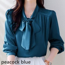 Femmes Satin Chemisier Floral Broderie Nœud Haut Manches Longues Soyeux