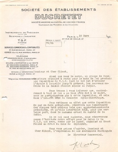 Lettre 1936 etab ducretet a - lettre,
