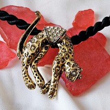 Collier Panthère Kramer Métal Doré Strass Cordon Passementerie Noir 39-42cm