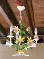 Ancien plafonnier lustre lampe fleur toleware française shabby chic années 50