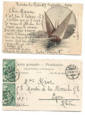 CPA 74 EVIAN Hte Savoie, RARE Ecrite en sept 1900, BARQUE DU LEMAN, Illustrateur