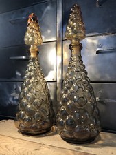 Paire Carafes Bouteilles Vintage Italy Verre Ambré Clair Grappe De Raisin H 39,5