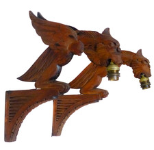 Pair Vintage French Carved Wood Gothic Chimera Wall Light Sconce Gargoye Console