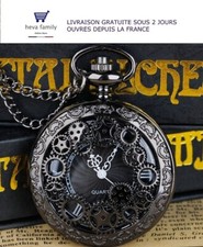 Montre à gousset Noire doré Style Steampunk Engrenages Retro Neuve Cadeau