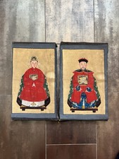 Tableau Lot 2 Huile Sur Toile Chine Couple Dignitaires Chinois Chinese Painting