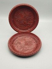 Pair Vintage Japanese Carved Cinnabar Dish / Plate