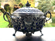 Rare, Superbe et Lourd Drageoir ou Sucrier en argent massif, verre bleu Cobalt.