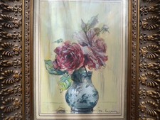 aquarelle ancienne vase de roses signé beau cadre