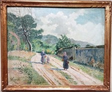 Tableau Ancien Encadré Huile Paysage Impressionniste Scène Village Signature ?