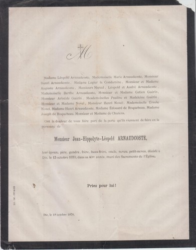 1870 faire part décès - 1870,