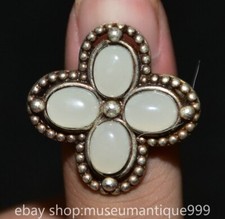 1.2" Rare Old Chinese Silver Inlay White Gem Clover Good fortune Figure Ring