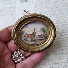 Petite Miniature Peinte XIXè Eglise Village Napoléon III Hand Painted 19thC 