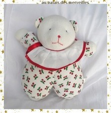 Doudou Peluche Ours Blanc Eponge Musical Corps Tissu Nid D'Abeille Motif Cerises