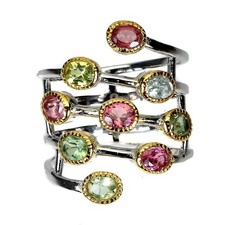 Bague argent 925 plaqué or blanc et jaune avec tourmaline multicolor