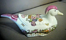 CANARD PORCELAINE DECOR FLEURS PEINTES MAIN ADELE CURCY FIN XXEME