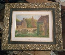 Tableau ancien à restaurer. Pont sur le Loing. signé