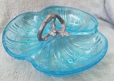 Ancien serviteur Mendiant 3 compartiments apéritif en verre Bleu art Nouveau 