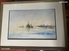 Tableau Cadre Francois Herr Aquarelle les dragues dans l'estuaire aout 1968
