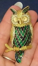 Ancienne Broche Hibou Doré Émaillé avec Strass Signé D'orlan