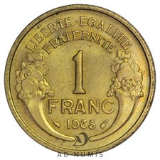 France 1 franc 1935 Morlon SUP Cupro-aluminium pièce de monnaie française RARE 