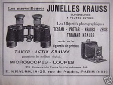 PUBLICITÉ JUMELLES KRAUSS OBJECTIFS PHOTOGRAPHIQUES TESSAR PROTAR ZEISS TRIANAR