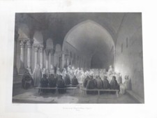 GRANDE LITHO XIX° SCENE MOINE PRIERE ABBAYE AIGUEBELLE DROME PROVENCE ROMANTISME