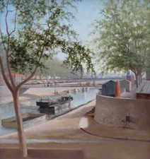 GRAND & LUMINEUX IMPRESSIONNISTE XIXe..PAYSAGE DU SUD AVEC LAVANDIÈRES & PÉNICHE