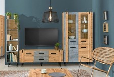 Mur De Salon 3 Pièces Vitrine Sur Pieds Meuble Bas Wotan Chêne Béton Millénium