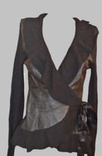 Gilet/Haut Nougat London Cuir et Soie Noir Cache-Coeur Volants T.3 