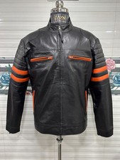 Blouson motard homme 100 % cuir véritable noir rayures orange vintage café...