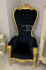 Chaise Fauteuil Trône Baroque Feuille Or Tissu Velours Ou Faux Noir MA1825