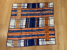 FOULARD NINA RICCI CARRE SOIE VINTAGE ANNEES 70 DECOR GEOMETRIQUE BLEU ET ORANGE