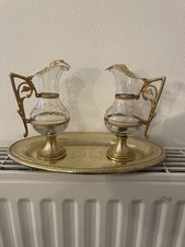 Deux  BURETTES+PLATEAU/LAITON VERRE CRISTAL/GOTHIQUE/EGLISE/MESSE/RELIGIEUX/2