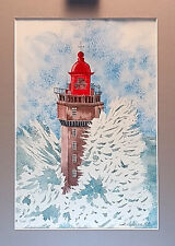 Peinture Aquarelle Marine  " Phare Dans Les Vagues " signée Madeleine CB