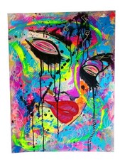 Tableau Abstrait  Coloré  Portrait visage Street Art Brut Naïf Femme Fait Main