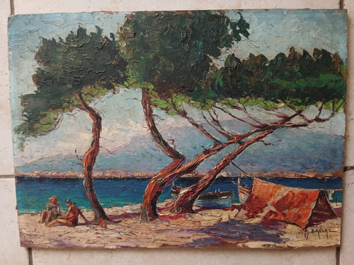 Tableau ancien huile - *plage, de