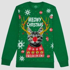 Homme Meowy Noël Vacances Polaire Pull XL Vert Chats Animal de Compagnie -