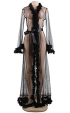 Déshabillé peignoir robe chambre long transparent plumes marabout noir glamour