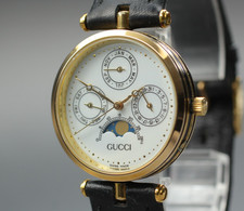 Montre Vintage GUCCI Phases de Lune Triple Calendrier 29mm Unisexe Or Cadran ...