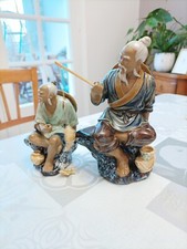 Deux Figurines Statuettes Chinoises en Céramique Émaillée - Pêcheur Style Shiwan