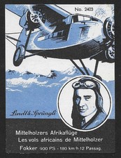 Poster Stamp Lindt Sprungli: WALTER MITTELHOLZER , African raid flights 1926/27