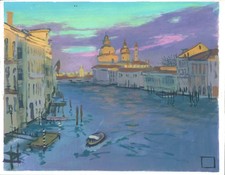 VENISE avec gondoles et Rialto, tableau original 25 x 32 cm oeuvre gouache