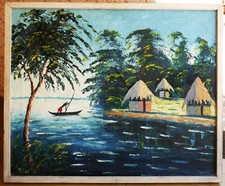 grand tableau signé Madzou: village de pêcheurs africains