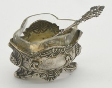 Ancien Service à Condiments argenté avec cuillère, verrine en verre  biseauté