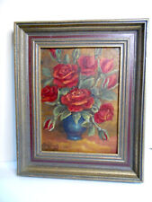 Ancien tableau peinture huile nature morte bouquet fleurs rose rouge signé 