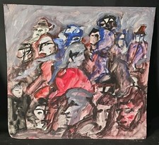 Tableau Gouache scène animée personnages signé Pierre Dory (1922-2003)