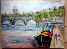 PARIS QUAI DE SEINE LES PENICHES  ART TABLEAU PEINTURE SIGNE JUMEAUX JEAN PIERRE