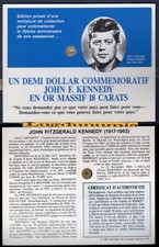 Etats Unis USA 1/2 $ Commemorative John F Kennedy en OR Massif 18 Carats