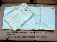 PARURE DE LIT DRAP PLAT 2 PERS VERT D'EAU + TAIE DE TRAVERSIN GALON VICHY /BRODE